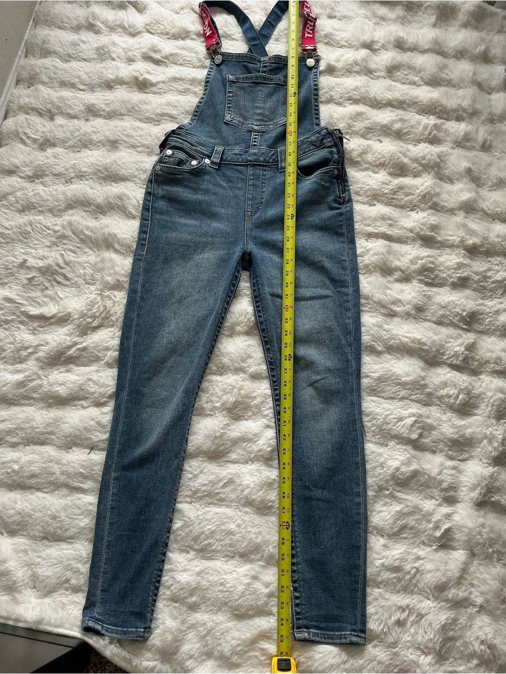 True Religion Blue Denim Overalls with Maroon Branded Straps - Picture 2 of 9